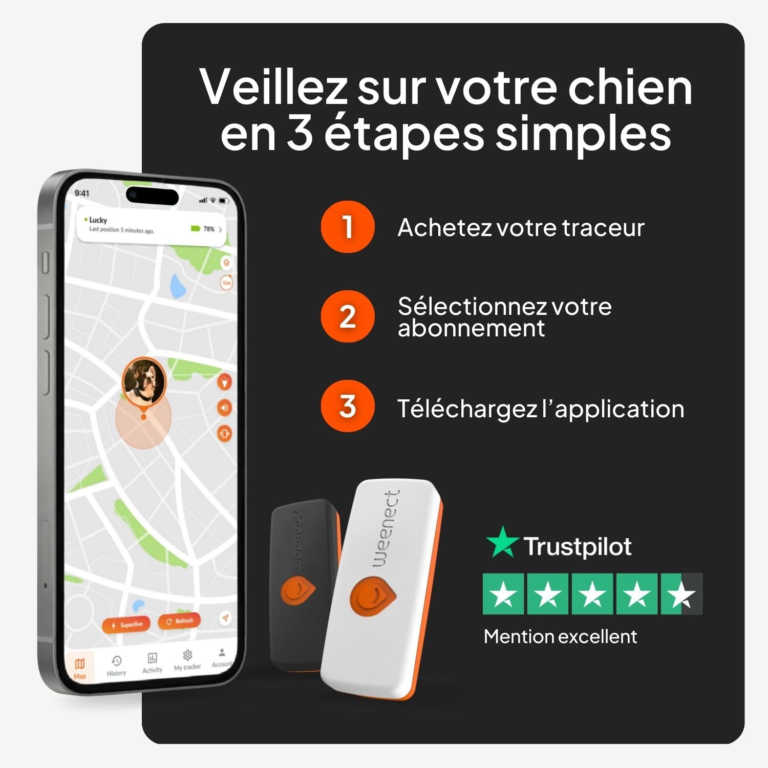 Weenect Chien XS - Mini Traceur GPS pour Chien | Suivi en Temps réel | Etanche | Plus Petit modèle du marché | Fonctionne avec abonnement | Garantie à Vie