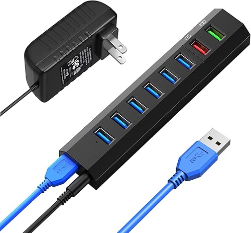 Miniatura 9 de Concentrador USB 3.0 alimentado, RAOYI 6 puertos USB 3.0 de alta velocidad con adaptador de corriente de 24 W, cable de 3.3 pies y cargador rápido