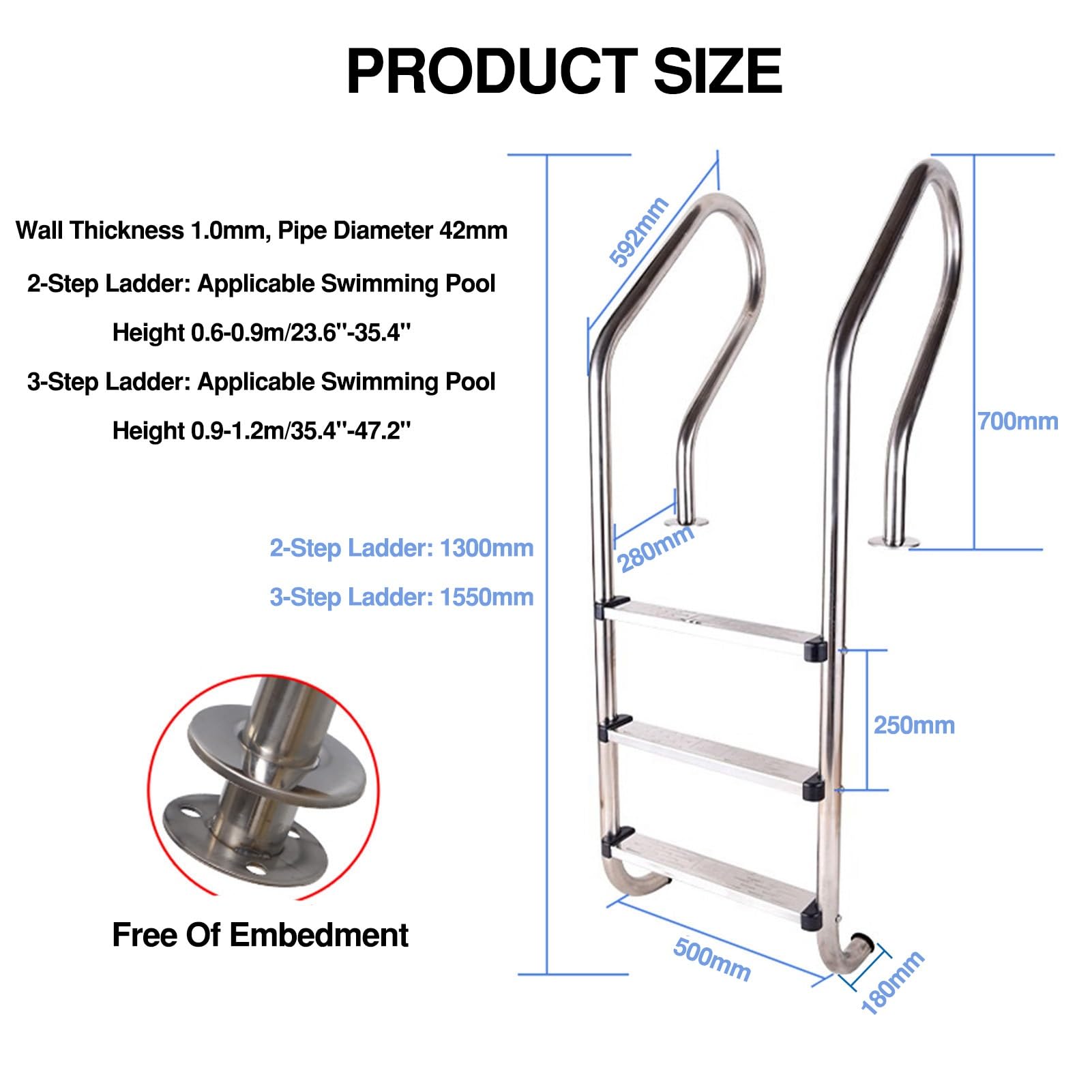 Scaletta per Piscina, in Acciaio Inox Antiscivolo, con corrimano, Adatta a Piscine e parchi Acquatici (2 gradini)