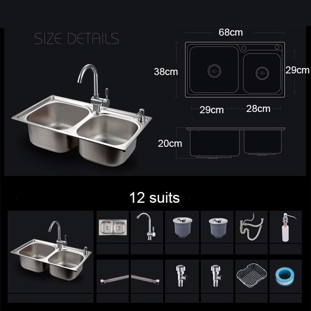 Juego de Fregadero de Cocina Cuadrado de Acero Inoxidable de Doble Seno con colador, Incluye Kit Completo de instalación de desagüe y escurridor.