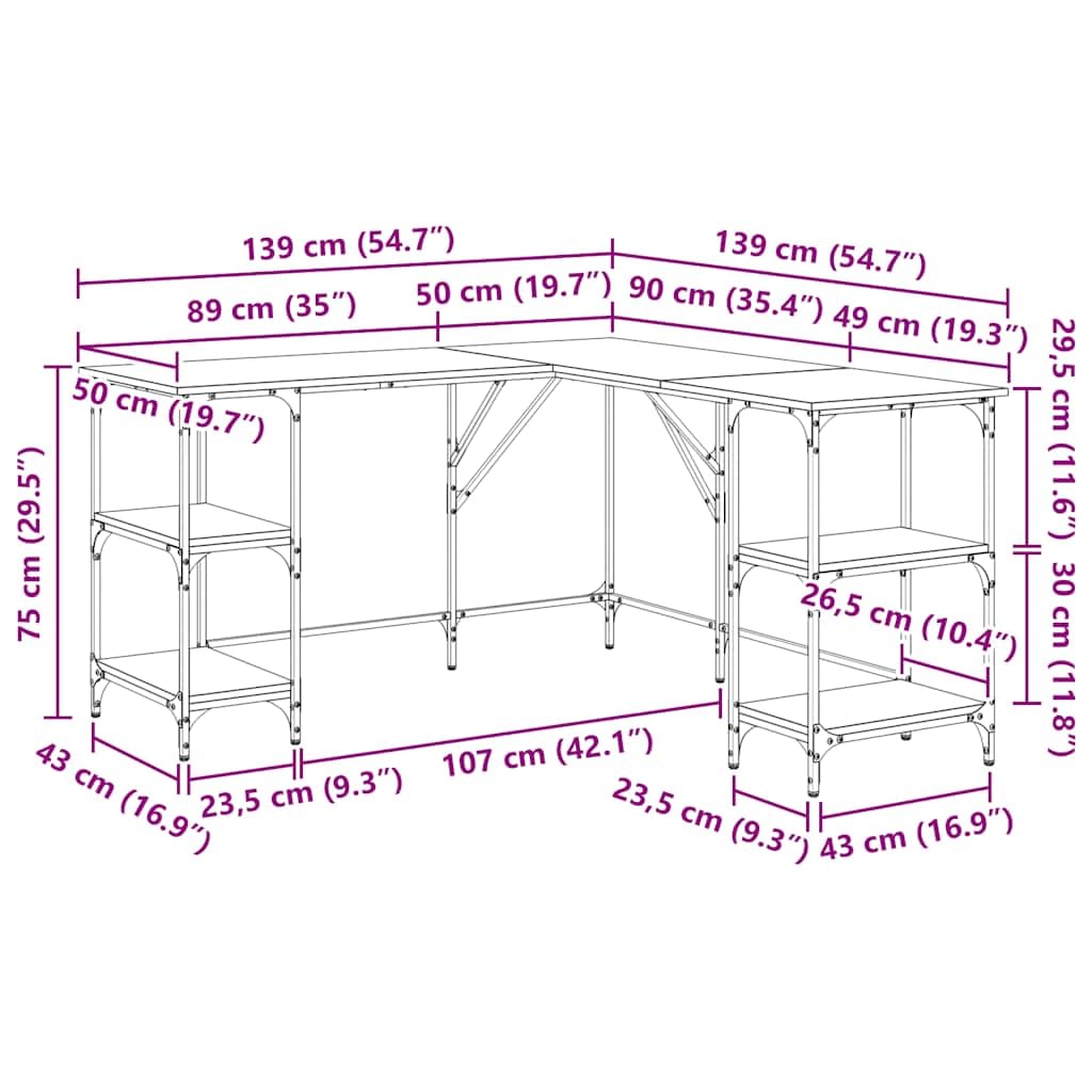 Scrivania in legno di rovere affumicato, 139 x 139 x 75 cm, con ripiano e vano portaoggetti, scrivania angolare a forma di L, per ufficio, casa, ergonomica, con telaio in metallo, gambe