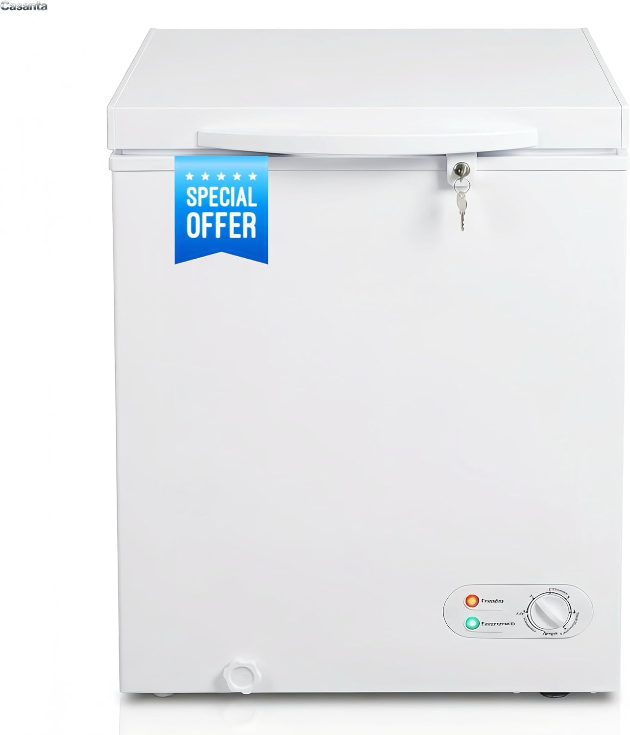 Compact Chest Freezer, Deep Freeze with 7 Adjustable Temperature Modes, Energy Efficient Small Stand Alone Freezer with Basket, Ice Shovel, Wheels & Lock, Ready for Apartment Dorm, White