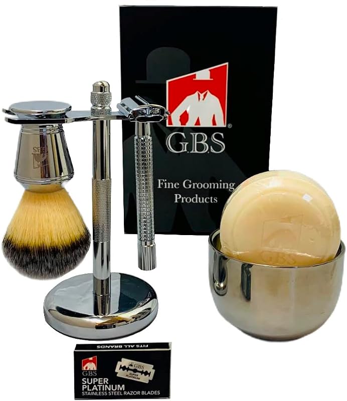 Kit de Barbear G.B.S com Aparelho de Cabo Longo, Suporte, Pincel, Tigela, Sabão e 5 Lâminas