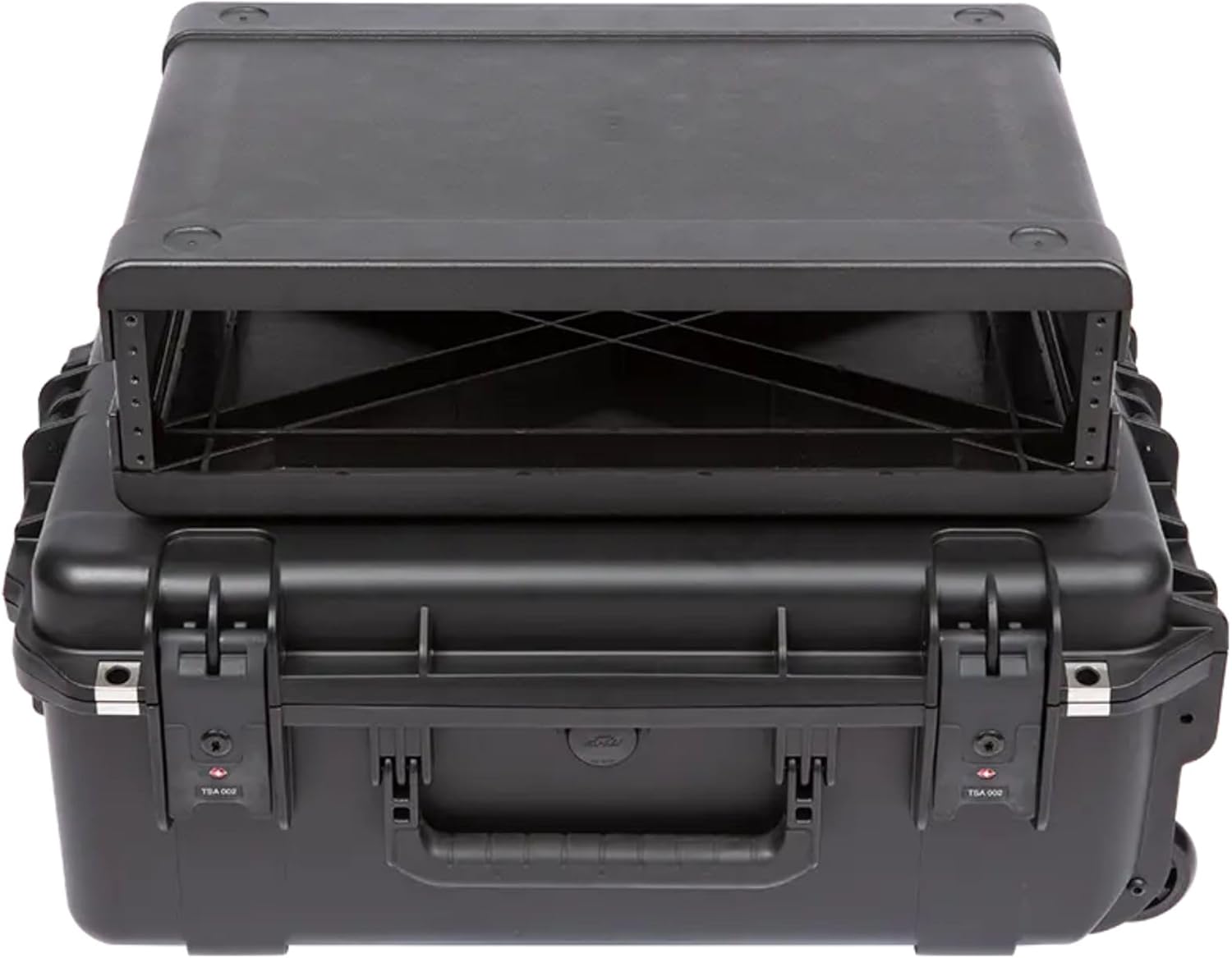 SKB 2U iSeries 13" Injection Molded Fly Rack with Built-In Wheels, Push Button Release Pull Handle and Removable Rack Frames, Black