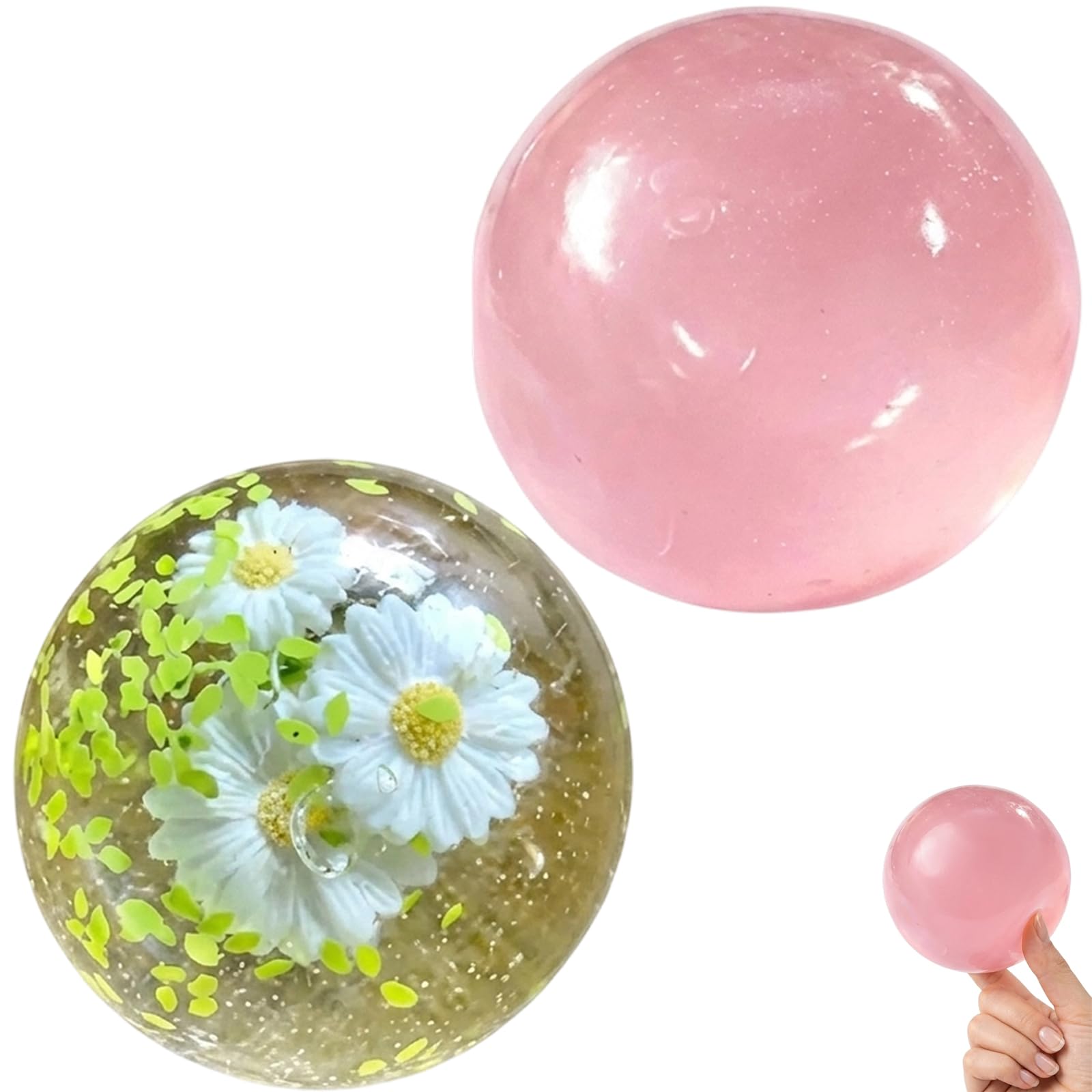 2 PCS Coconut Oil Squishy, with Crunchy Texture and Floral Design, Handmade Coconut Oil Ball, Two Four Centimetre Pink Daisy Squishy Balls