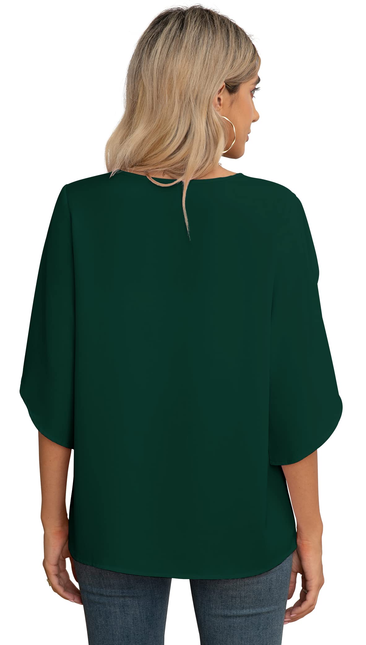 Yommay Blusa de gasa para mujer, elegante, casual, holgada, manga 3/4 con volantes, cuello en V, blusa de verano
