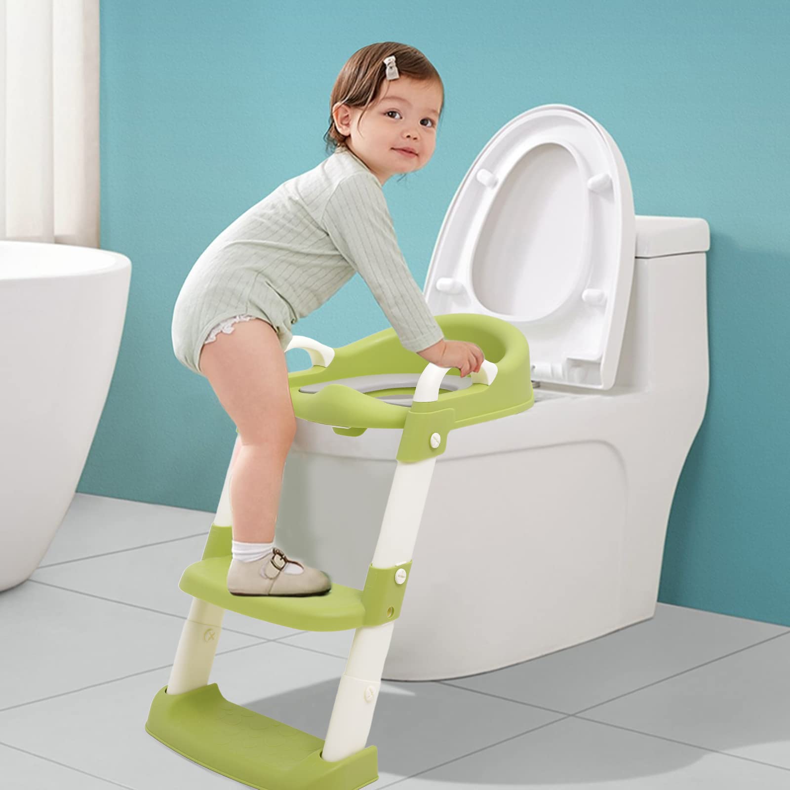 Réducteur WC Enfant avec Pieds Réglables,siege toilette enfant avec Coussin,Marche Antidérapante,Pliage Compact - A partir de 18 mois - Stabilité Structurelle|Renforce la Portance
