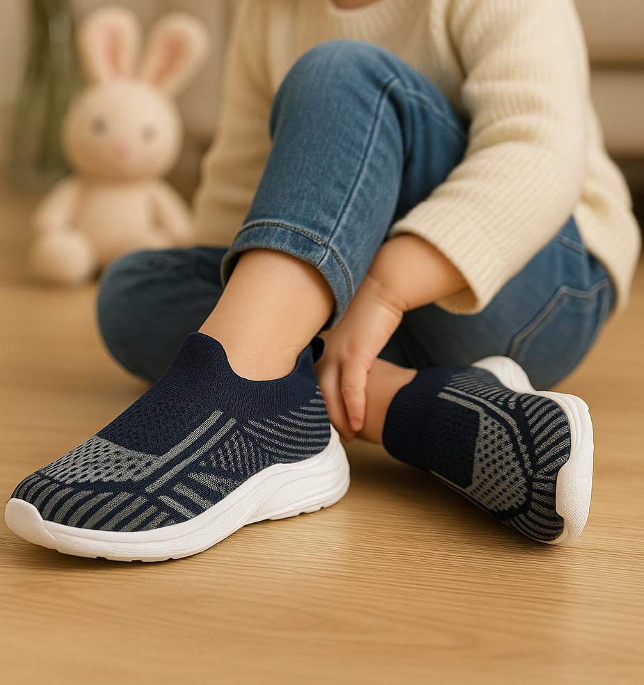Image of Slip-On Knit Sneakers, Navy Blue, Lightweight Walking Shoes, White Sole