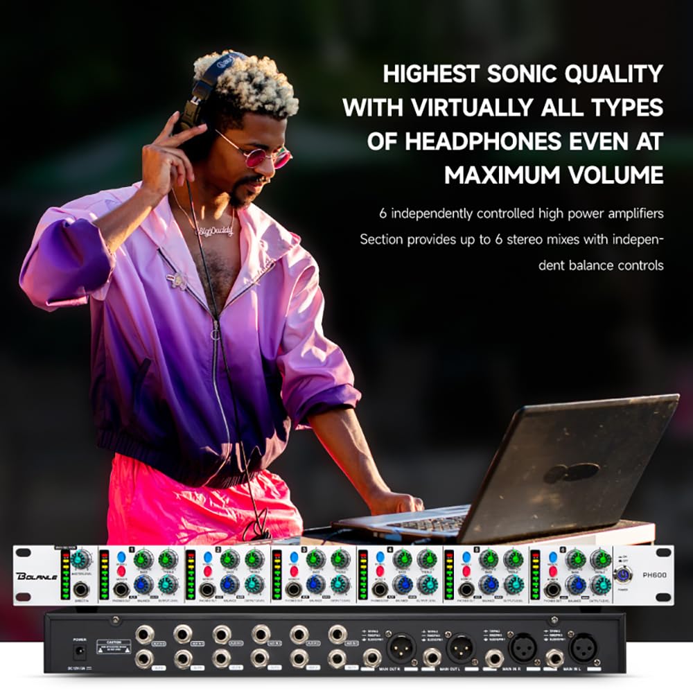 Bolanle PH6000 - Amplificatore di distribuzione e miscelazione cuffie ad alta potenza a 6 canali, jack da 3,5 mm e 6,35 mm