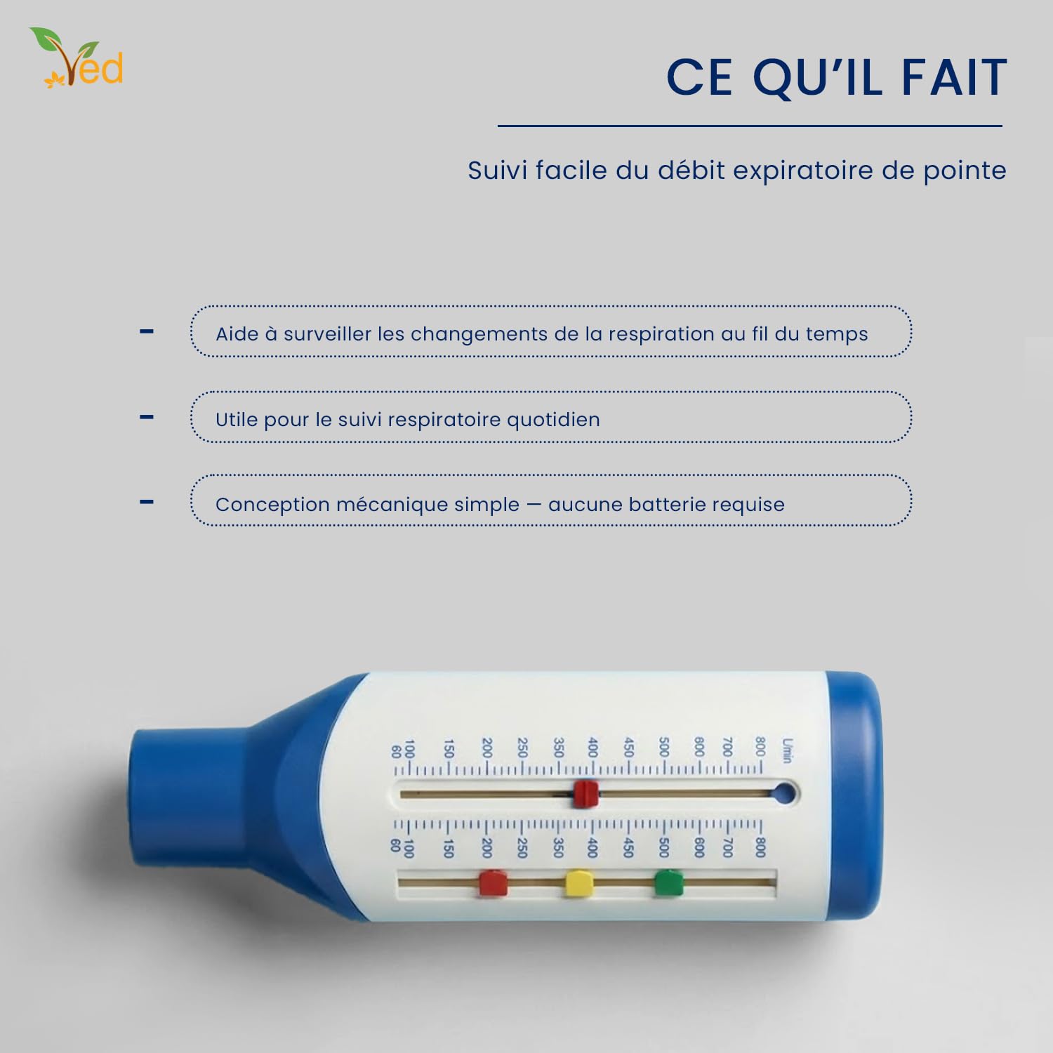 Débitmètre de pointe VED pour adultes, débitmètre expiratoire à plage standard pour la surveillance de la fonction pulmonaire, appareil portable de spirométrie pour l'entraînement respiratoire.