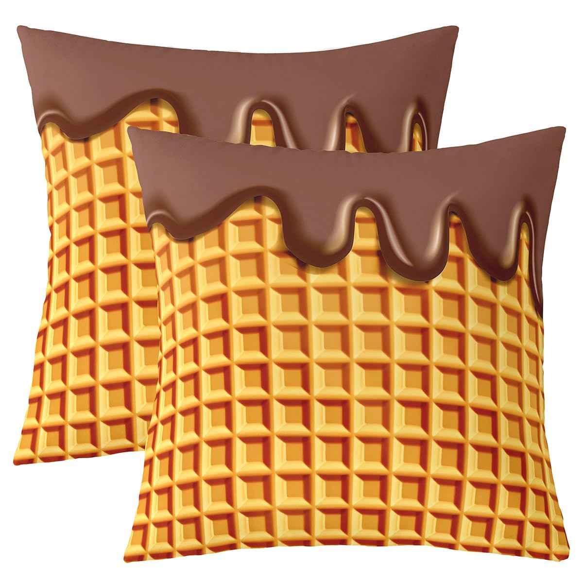Homemissing Waffles Throw Pillow Covers Waffles with Chocolate Square Cushion Covers Set of 2 for Kids Toddler Sweet Desert Pillow Covers Realistic Funny Food Cushion Covers 45x45cm