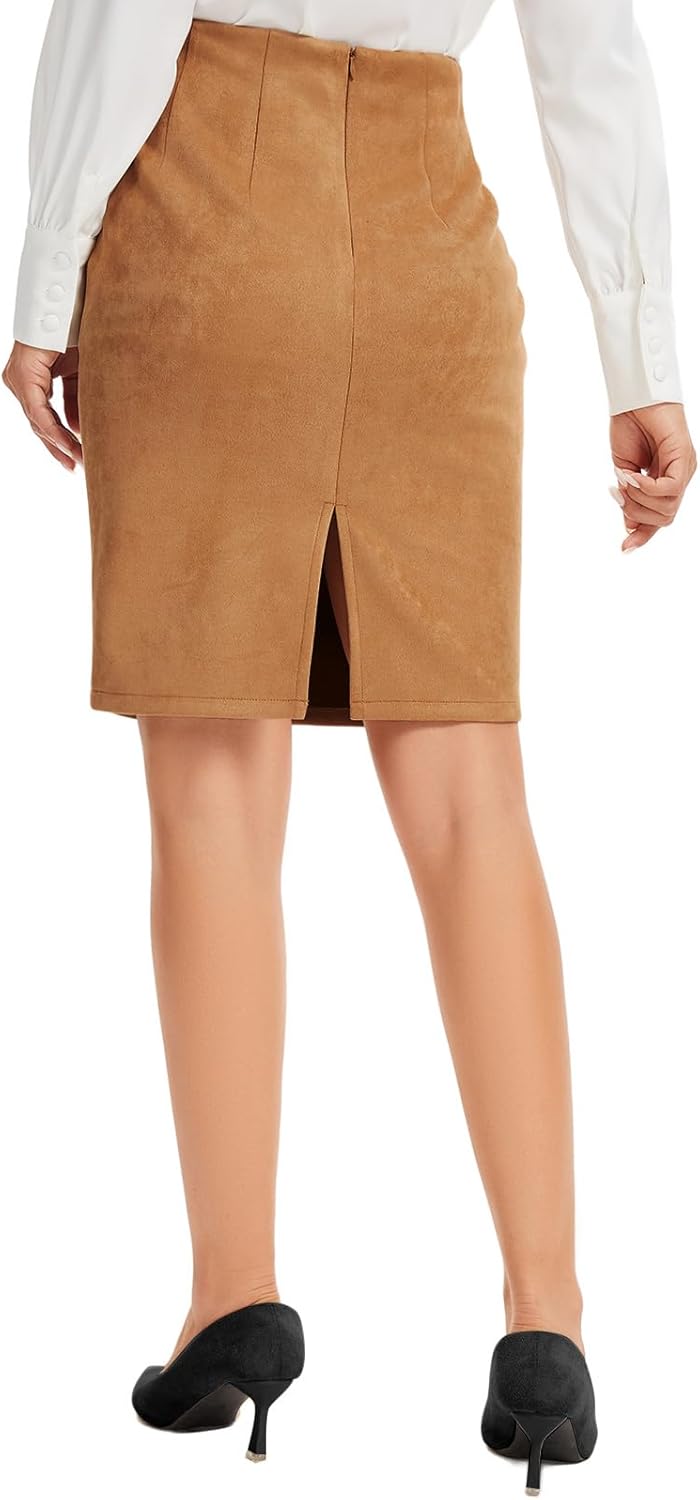 Women's Vintage Faux Suede High Waist Knee Length Pencil Skirt with Back Slit Zip Up Bodycon - Image 5