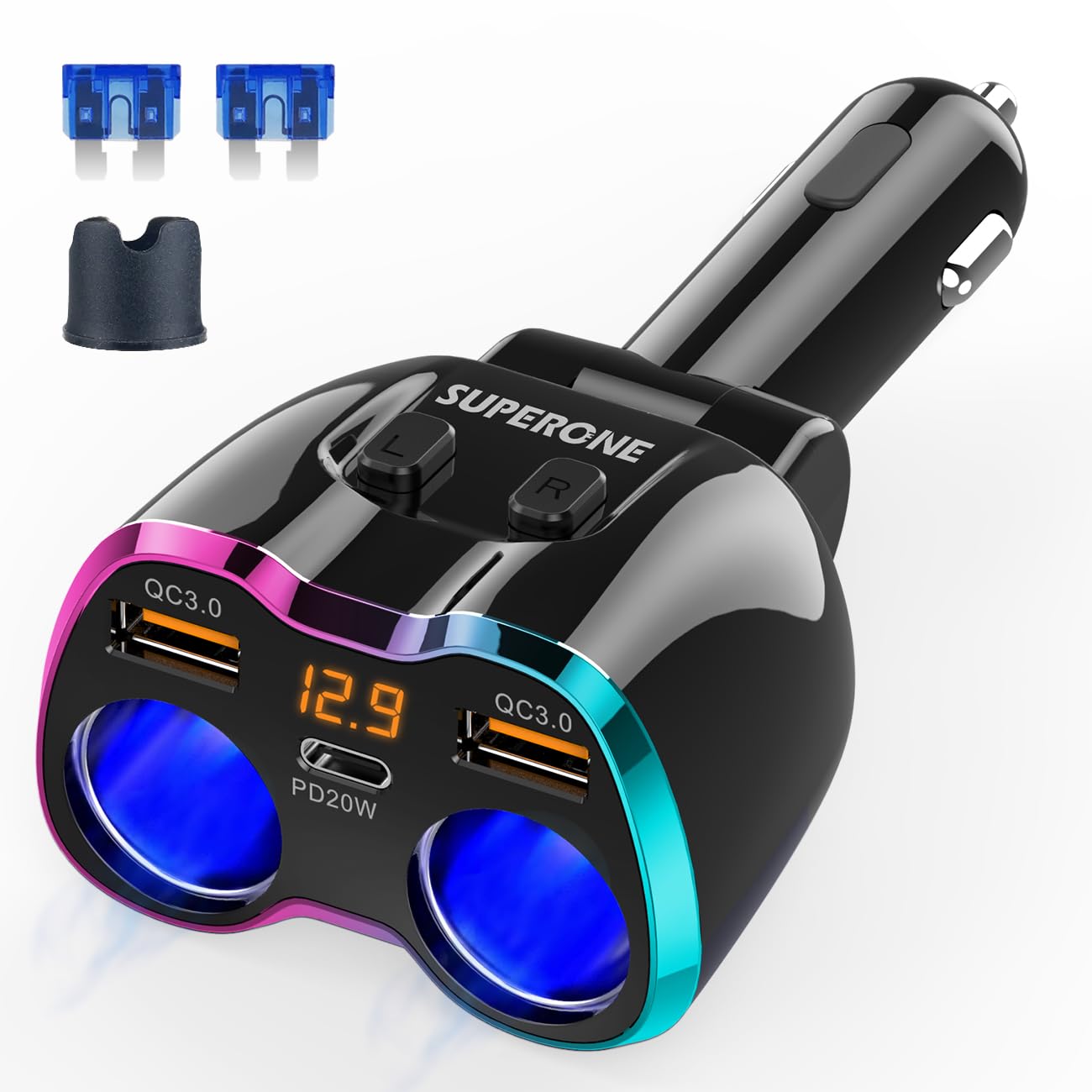 Photo 1 of 2026 Upgraded Cigarette Lighter Splitter, SUPERONE 180W 2-Socket Cigarette Lighter Adapter with Dual QC3.0 and 20W PD USB C Car Charger Splitter for GPS/Dash Cam/Laptop/iPad/iPhone 17/16/15/14/13/12