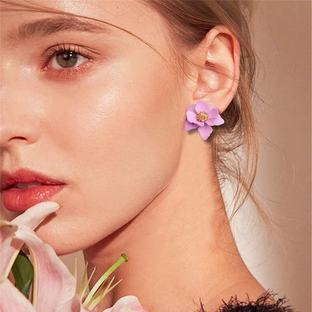 Chic Cute Boho Matte Flower Statement Stud Earrings with Gold Flower Bud for Women Sister Mom Lover and Friends - Image 6