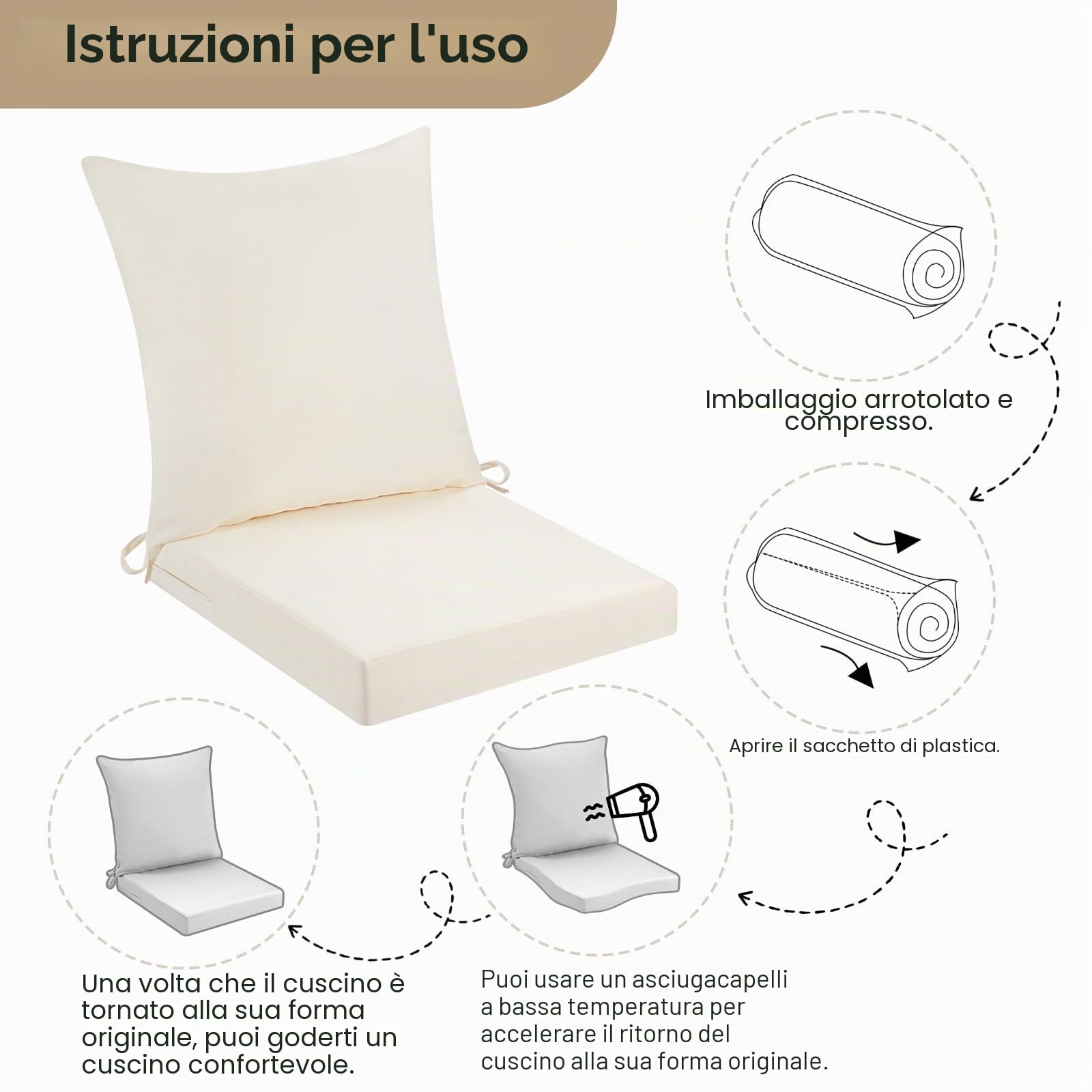 Cuscino per sedia da giardino con schienale, spessore 7 cm, impermeabile, con fodera rimovibile, cuscino per mobili da patio, con laccetti, per sedie del divano, 45 x 45 cm, beige