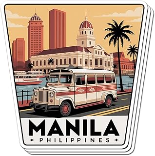 (3 PCS) Manila Philippines Stickers Jeepney & Cityscape Waterproof Decals, Durable Vinyl for Laptops, Tumblers, Cars, Great Gift for Proud Filipinos 3 Inches