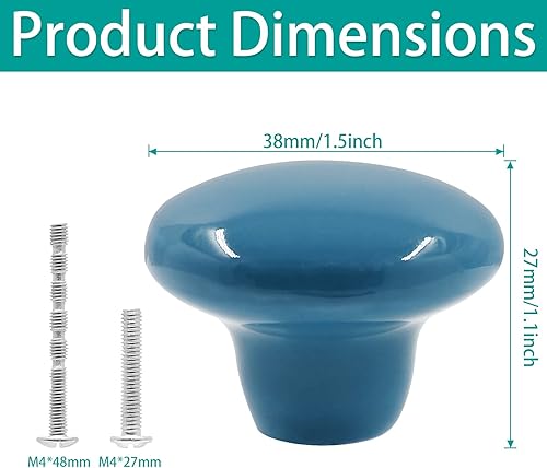 10 pomos de cerámica para gabinete, 1.5 pulgadas1.496 in, color azul, lindos pomos redondos para cajones, manijas redondas con tornillos para