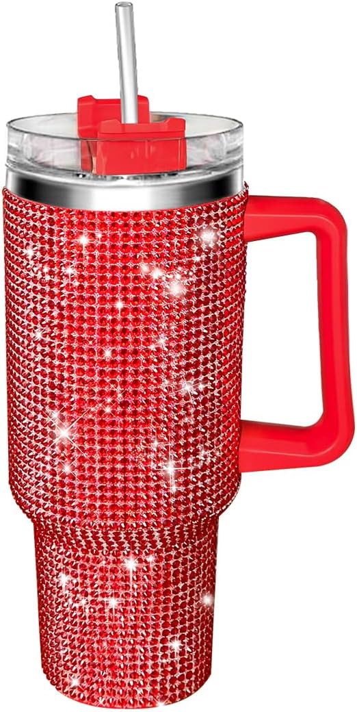 40oz Tumbler with Handle-Glitter Rhinestones Tumbler Bling Cups Stainless Steel Water Bottle Diamond Studded Tumbler for Women-Birthday Gifts for Women, Mom, Wife, Girlfriend (40 oz,Red)