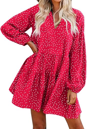 FANCYINN Long Sleeve Shift Tunic Dress Ruffle Swing Babydoll Juniors Mini Ruffle Dress with Pockets Red Dot M