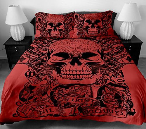 YSJANDFM Anole 3 Pcs Soft Luxury Youth 100% Polyester Shell Fully Reversible 3-Piece Modern Flower Skull Duvet Cover Set Queen Size Red No Comforter (King 3pcs)