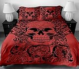 YSJ 3 PCS Skull Twin Full Queen King Duvet Cover Set with Zipper Closure,Ties-Black Red Skull...