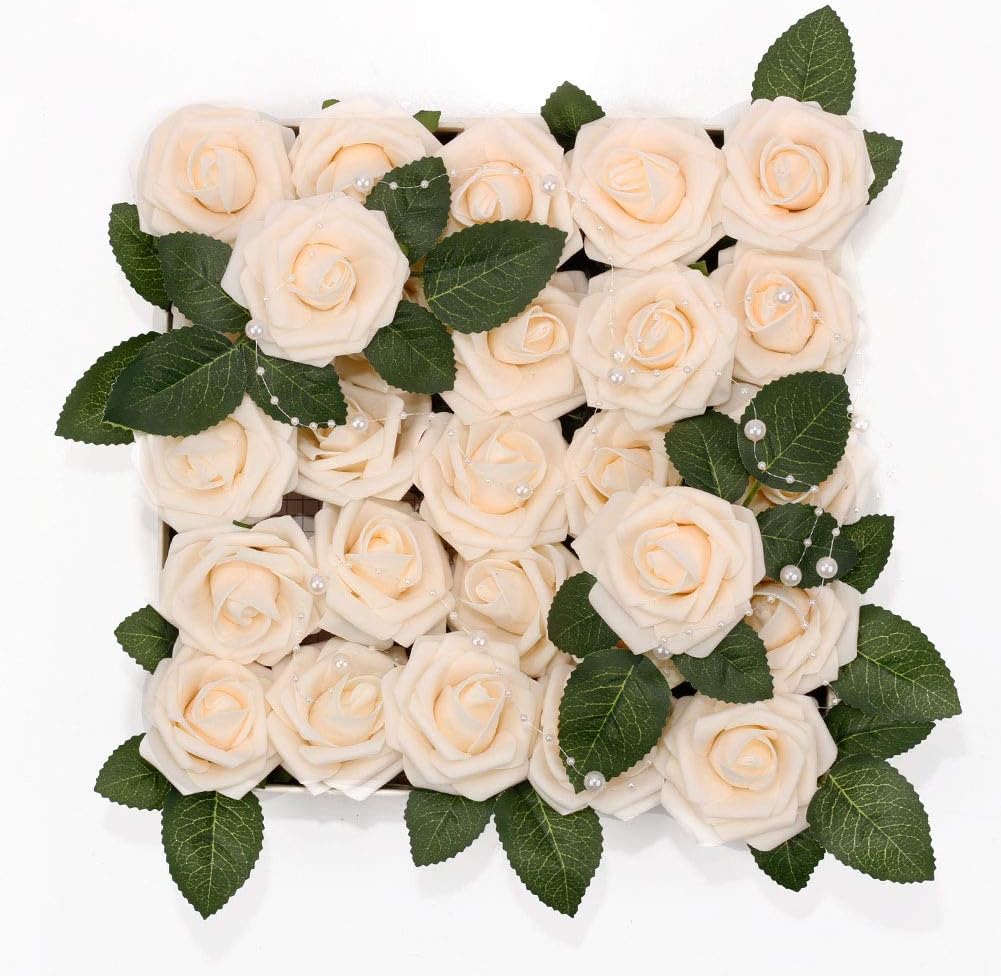 Meiliy 60pcs Artificial Flowers Cream Roses Real Looking Foam Roses Bulk w/Stem for DIY Wedding Bouquets Corsages Centerpieces Arrangements Baby Shower Cake Flower Decorations