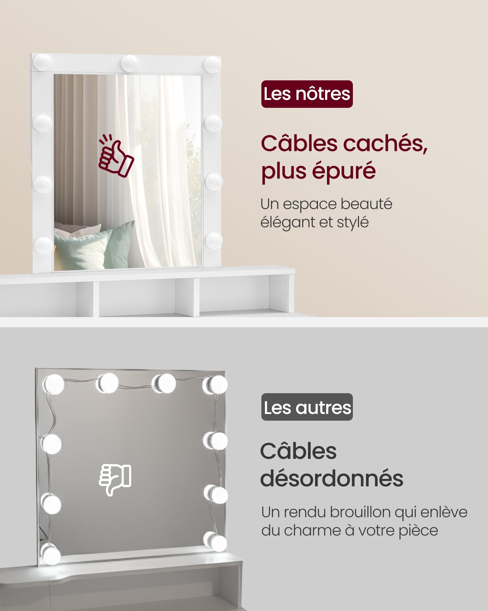 VASAGLE Kailyn Collection - Coiffeuse, Miroir LED, Éclairage 3 Couleurs Réglable, Table de Maquillage avec Miroir, 2 Tiroirs et 3 Compartiments, Coin Beauté, Style Moderne, Blanc RDT114WB01