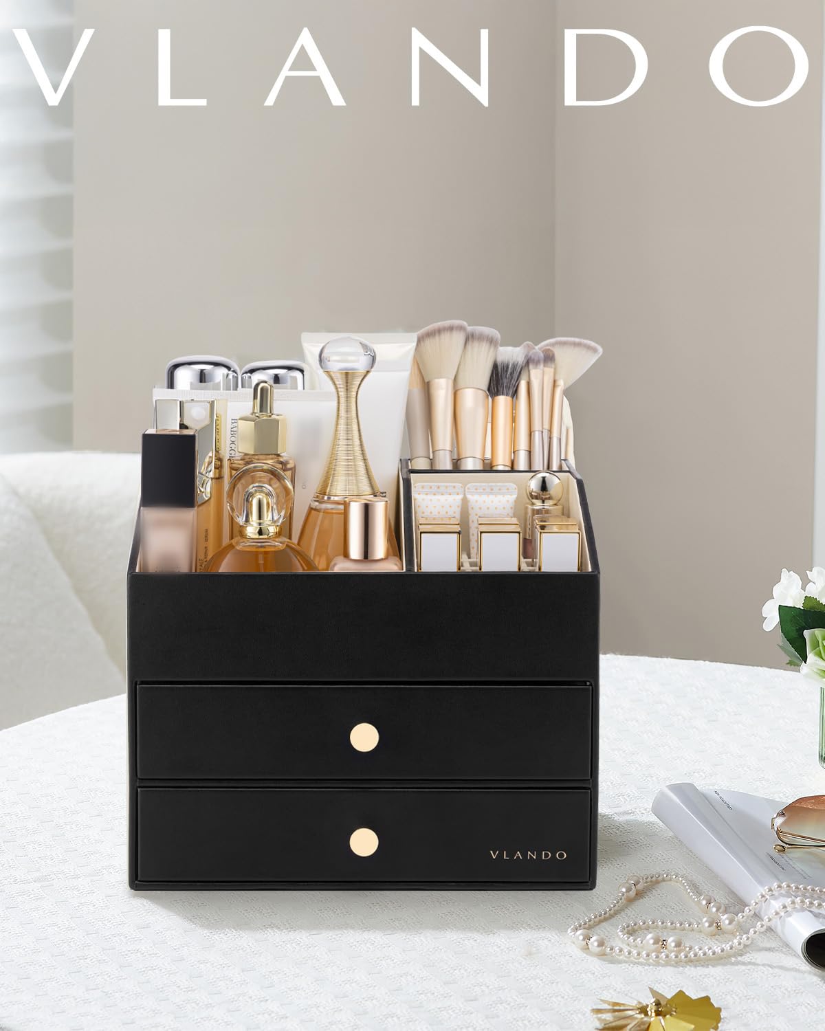 VLANDO Make-up-Organizer für Schminktisch, große Kapazität, Arbeitsplatten-Organizer mit Schubladen, PU-Leder, Kosmetik-Vitrine für Lippenstift, Pinsel, Hautpflege, Schlafzimmeraufbewahrung (schwarz)