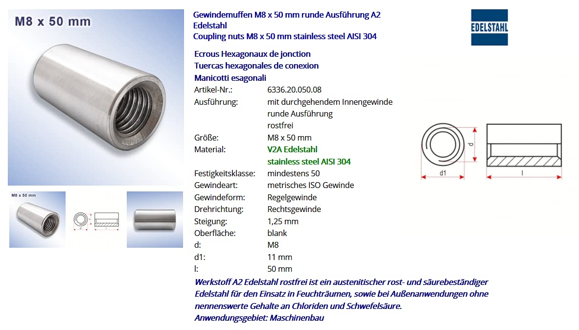 Threaded Sleeves, Round, A2 Stainless Steel, Rust-Proof Sleeve Connection Nut, Long Nut Spacer Nut, V2A, Round Design M6 M8 M10 M12 M16 M20 (Pack of 10, M8 x 50 mm)