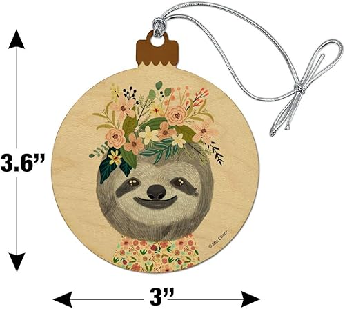 Miniatura 6 de Feliz perezoso flores en el pelo madera árbol de Navidad adorno de vacaciones