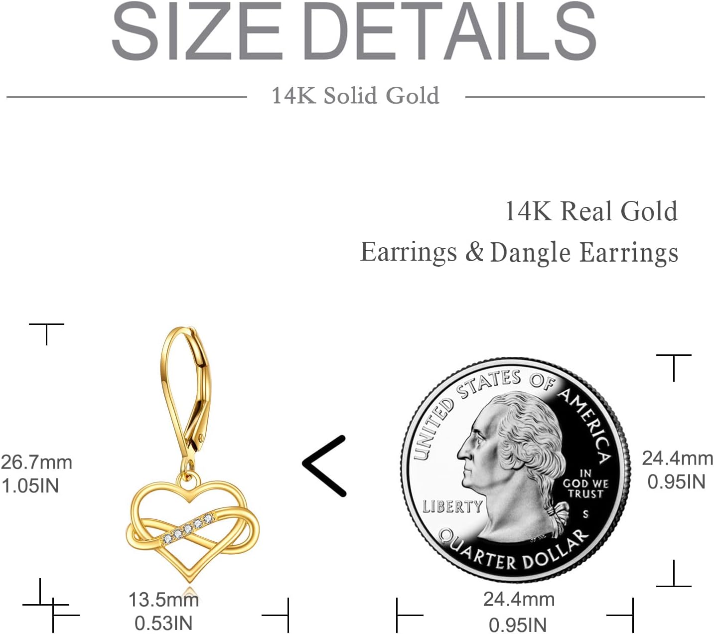 DOVRAN 14K Solid Yellow Gold Heart Dangle Earrings for Women Real Gold Heart Cross Earrings Infinity Heart Gold Leverback Earrings Gold Jewelry Women Birthday