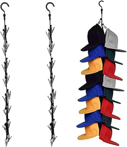 BetterJonny Paquete de 2 organizadores de sombreros colgantes para armario, 16 clips de almacenamiento de sombreros de acero inoxidable, soporte