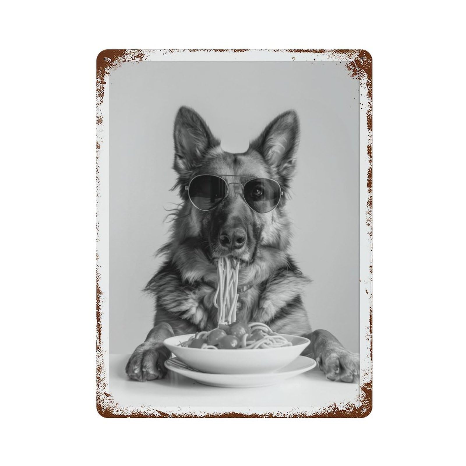 xiaoxiaoshen German Shepherd Eating Pasta Spaghetti Dog Funny Wall Decor Art Metal Tin Poster Modern Home Decor Art Home Bar Shop Decorations Vintage Sign 40x30cm