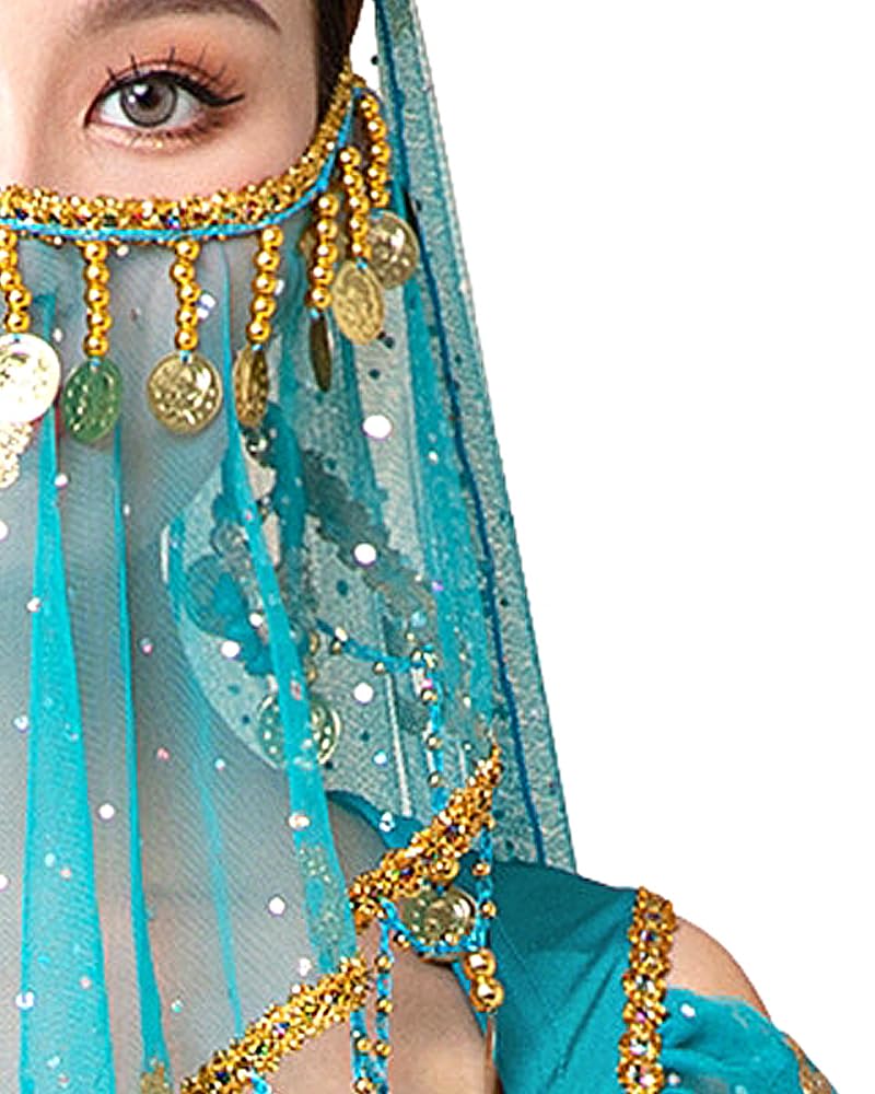 Grouptap Arabic turkish womens adult belly dancer beads coin face veil mask arabian halloween costume (M, Round Blue) - Image 4