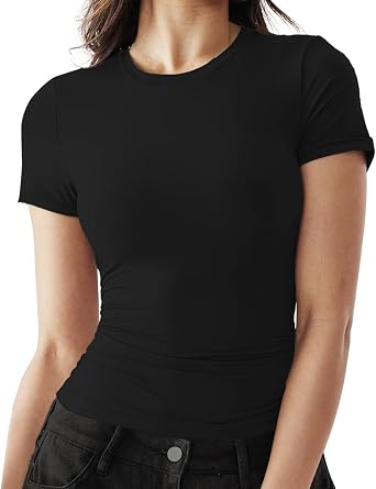 Womens Short Sleeve Crop Tops Trendy Scoop Neck Tight T-Shirts Slim Fit Tees Female Casual Summer Y2k Clothing