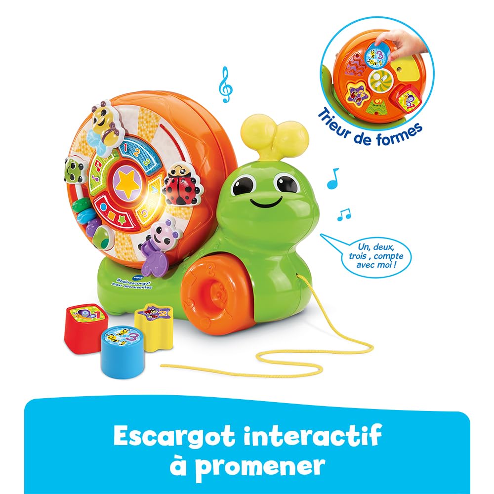 VTech - Rouli-Escargot Maxi Découvertes, Jouet à Tirer 2 en 1, Trieur de Formes, Jeux d'Éveil, Escargot à Promener, Jouet Musical et Interactif, Cadeau Enfant Dès 1 an - Contenu en Français