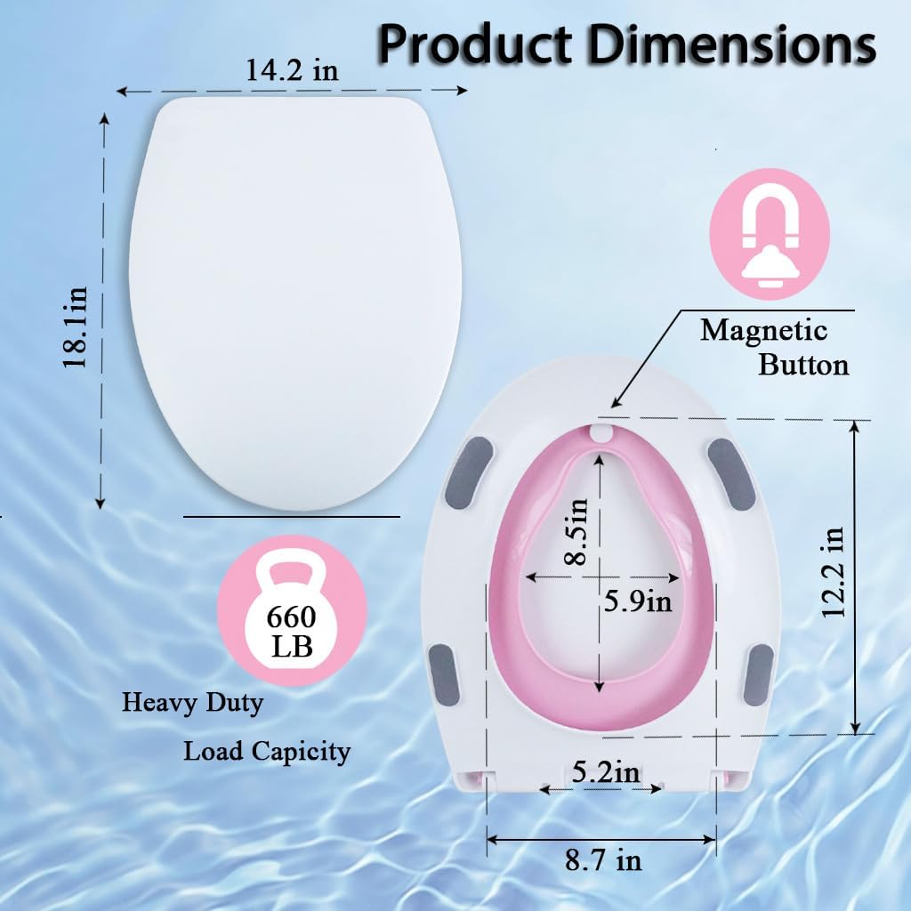 MinSha Elongated V/U Toilet Seat with Built-in Child Seat, 2-in-1 Family Potty Training Seat with Quiet Soft Close, Removable Toddler Seat, Durable PP Material, Easy to Clean & Install, 18.1 in (Pink)