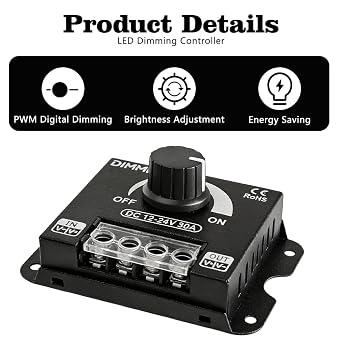 Pack of 3 LED Light Strip Dimmer 12 V DC 12 V – 24 V PWM Brightness Controller Continuous Dimming with Rotary Knob On/Off Function Aluminium Housing for Monochrome LED Strips