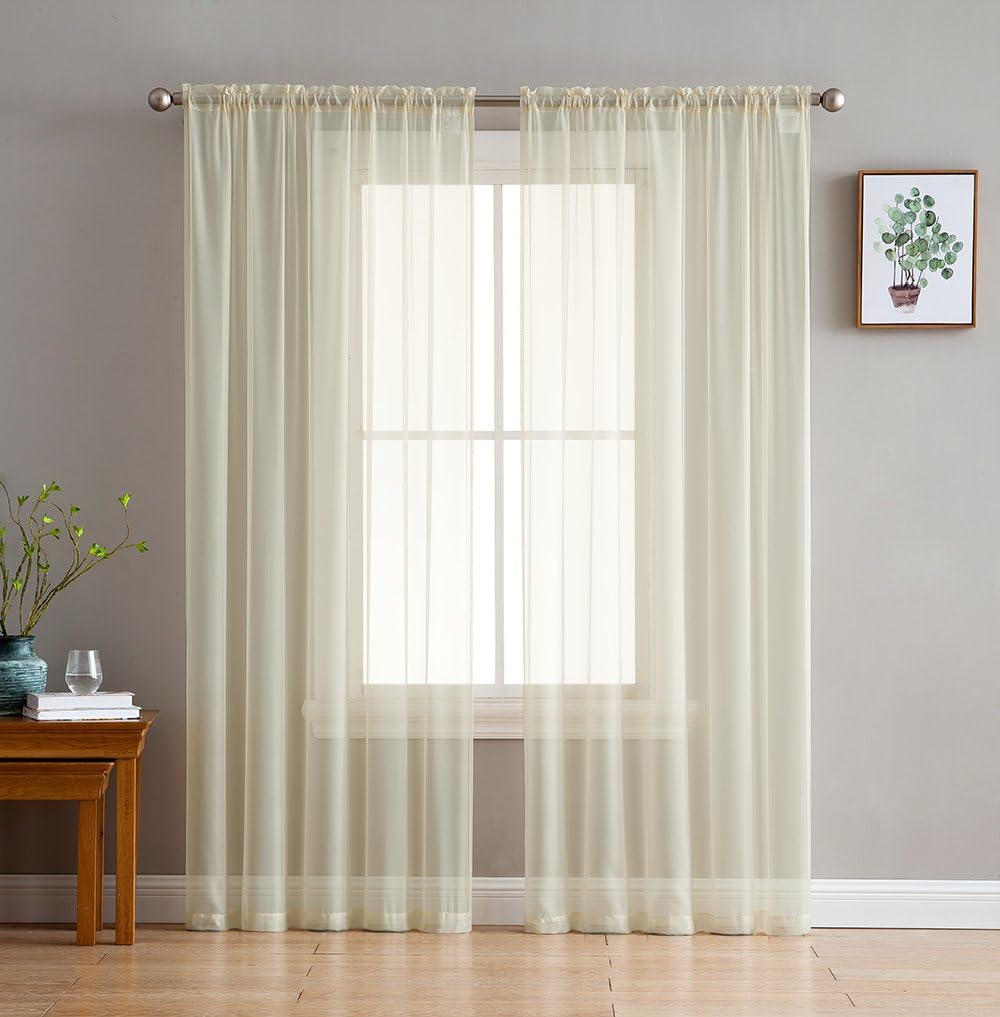 HLC.ME Beige Sheer Voile Window Treatment Rod Pocket Curtain Panels for Kitchen, Bedroom and Living Room (54 x 95 inches Long, Set of 2)