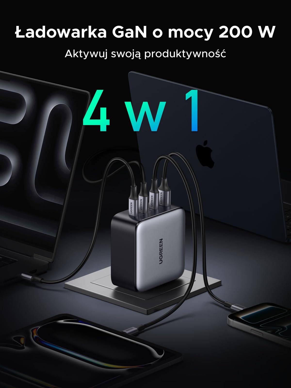 UGREEN Nexode Ładowarka 200 W USB-C, 4 porty, ładowarka PD3.1 140 W | Zasilacz GaN, inteligentna dystrybucja zasilania, ładowarka do laptopa, kompaktowa i uniwersalna do MacBooka, iPhone'a 17-8