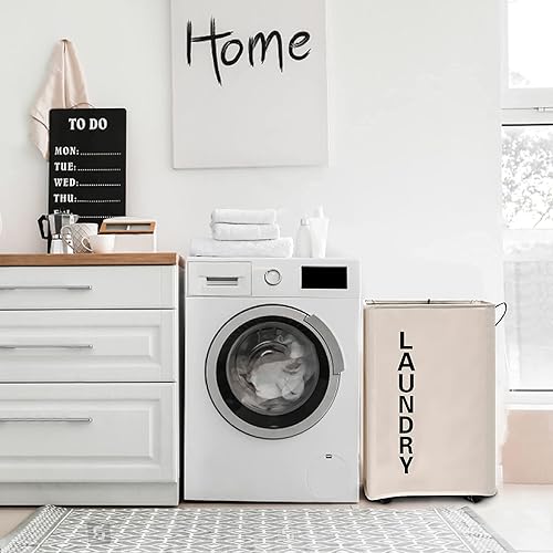 Miniatura 4 de Cesta de lavandería grande de 92 litros con mango de cuero, cesta de lavandería estable con ruedas, canasta grande, cesta de lavandería con ruedas,