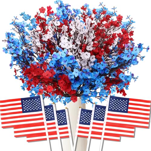 10 Pcs 4th of July Artificial Babys Breath Flowers 6 Pcs Small American Flags Red White and Blue Patriotic Fake Silk Flowers for Independence Day Home Decor Floral Arrangement Table Centerpieces