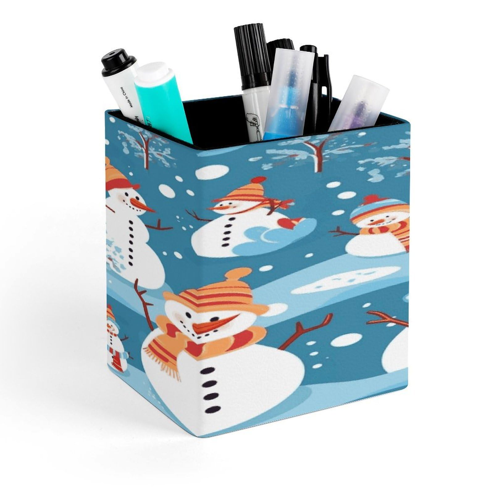 MUSM Snowman Pen Holder Square PU Leather Desktop Organizer And Makeup Brush Holder Storage Box Modern Design Stationery Organizer for Office Desk Accessory
