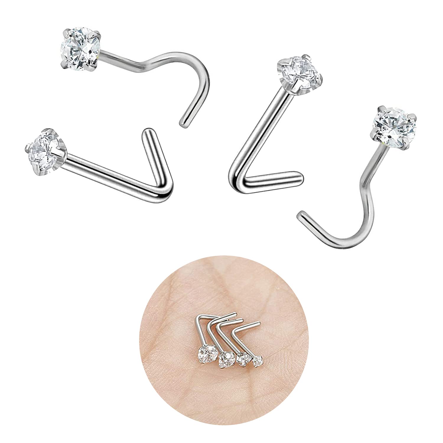 Lot De 8 Anneaux De Nez Courbés 20G - Acier Inoxydable Avec Zircon - Piercing Style L Ou Vis