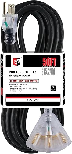 EP Cable de extensión iluminado para exteriores de 50 pies con 3 tomas de corriente eléctrica - Cable de extensión negro resistente SJTW 123 con