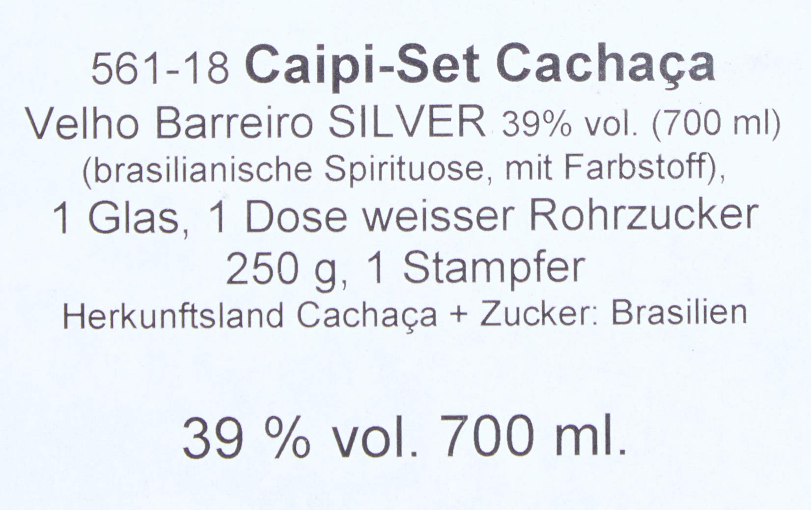 Velho Barreiro Caipi-Set II-Caiprinha Bundel, Cachaca, Rohrzucker, Stampfer, Glas in Geschenkverpackung (1 x 0.7 l)