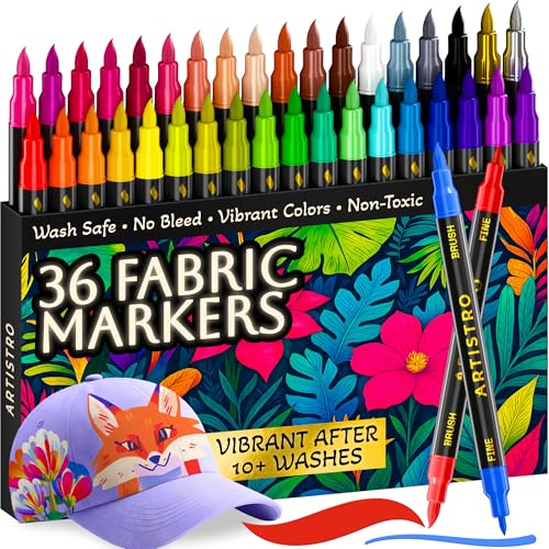 ARTISTRO 36 Dual-Tip Fabric Markers - Fabric Decorating Kit - Permanent for Clothes - No Bleed Pens for T-Shirts, Bags, Textile, Canvas, and More (Brush Tip and Fine Tip)
