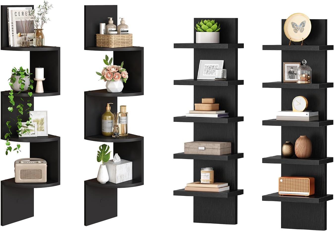 HOOBRO Corner Shelf Wall-Mounted, Set of 2 Floating Corner Shelves for Wall, Corner Bookshelves for Living Room, Bedroom, Bathroom, Home Office, Black BK25BJP201-BB18BJP201