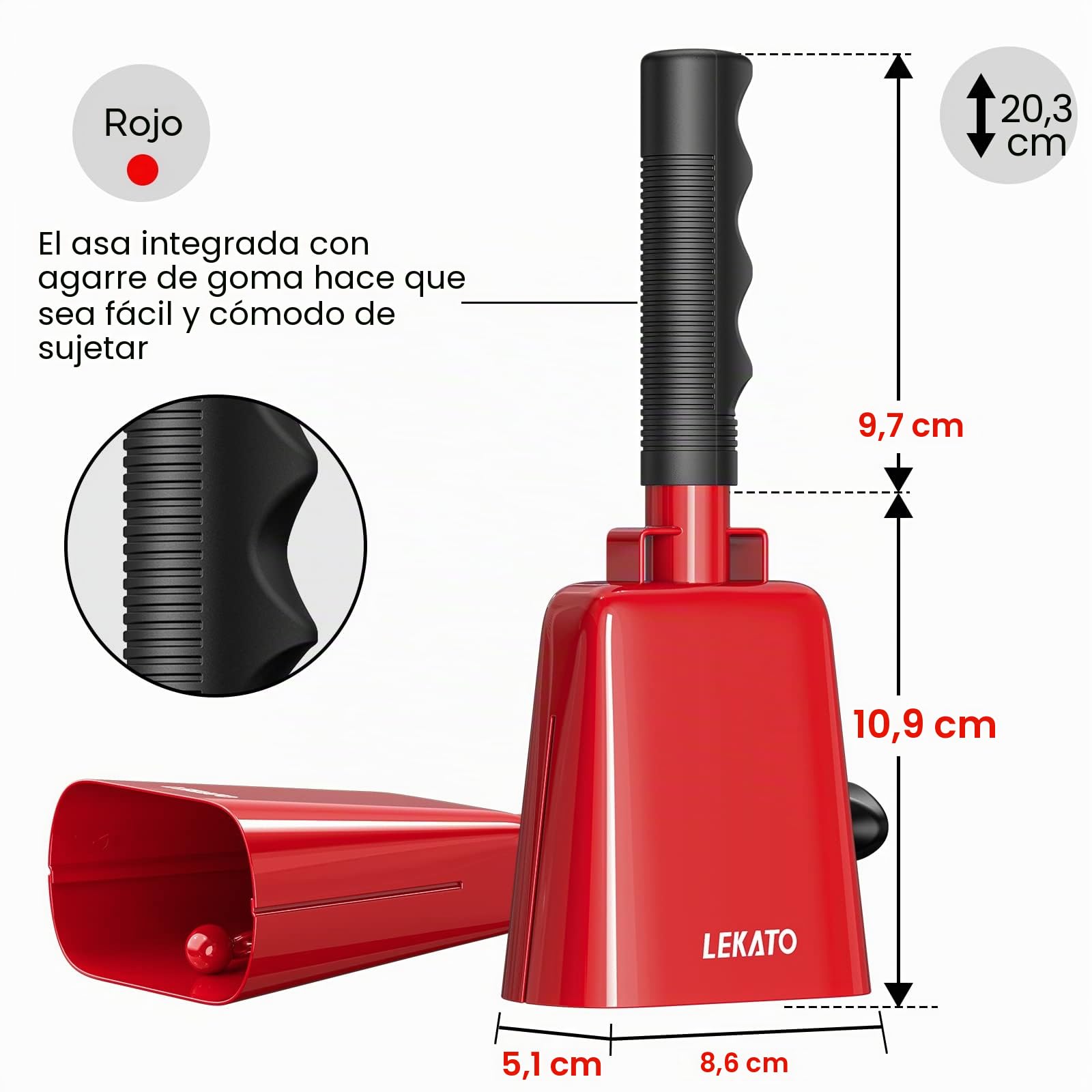 Campana de vaca de acero de 8 pulgadas con asa, paquete de 2 LEKATO para hacer ruido para eventos deportivos Campana de mano para juegos de fútbol fiesta concierto graduaciones escuela rancho (rojo)