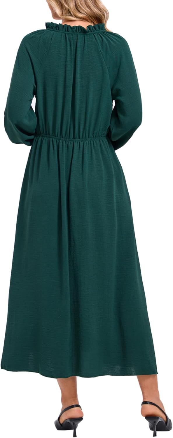 Women's Casual Long Sleeve Fall Midi Flowy Empire Elastic Waist Dresses with Pockets - Image 6